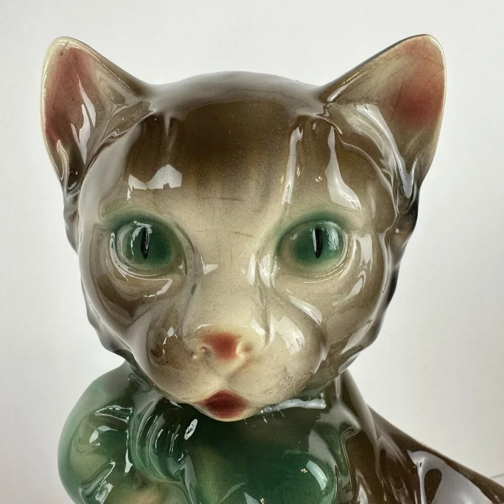 Vintage Royal Copley Ceramic Cat Planter With Bow & Yarn Ball - Picture 2 of 8